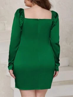 Women‘s Plus Size Curve Party Dress Cocktail Dress Satin Dress Mini Dress Green Long Sleeve Pure Color Ruched Fall Winter Autumn Square Neck Fashion Birthday Wedding Guest Vacation 2023 XL XXL 3XL -Cheap Plus Fit Dress Store atzmpi1692171850829