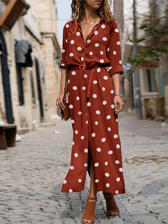 Women's Shirt Dress Maxi Long Dress Winter Dress Daily Date Polyester Fashion Elegant Shirt Collar Print Long Sleeve Summer Spring Fall 2022 Regular Fit Black Army Green Red Polka Dot Round Dots S M 3 Women's Shirt Dress Maxi Long Dress Winter Dress Daily Date Polyester Fashion Elegant Shirt Collar Print Long Sleeve Summer Spring Fall 2022 Regular Fit Black Army Green Red Polka Dot Round Dots S M - Image 3