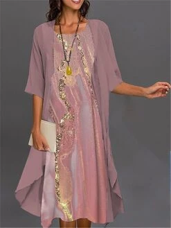 Women's Two Piece Dress Set Casual Dress Chiffon Dress Outdoor Daily Fashion Streetwear Print Midi Dress Crew Neck Half Sleeve Floral Ombre Regular Fit Pink Blue Purple Fall Winter S M L XL XXL