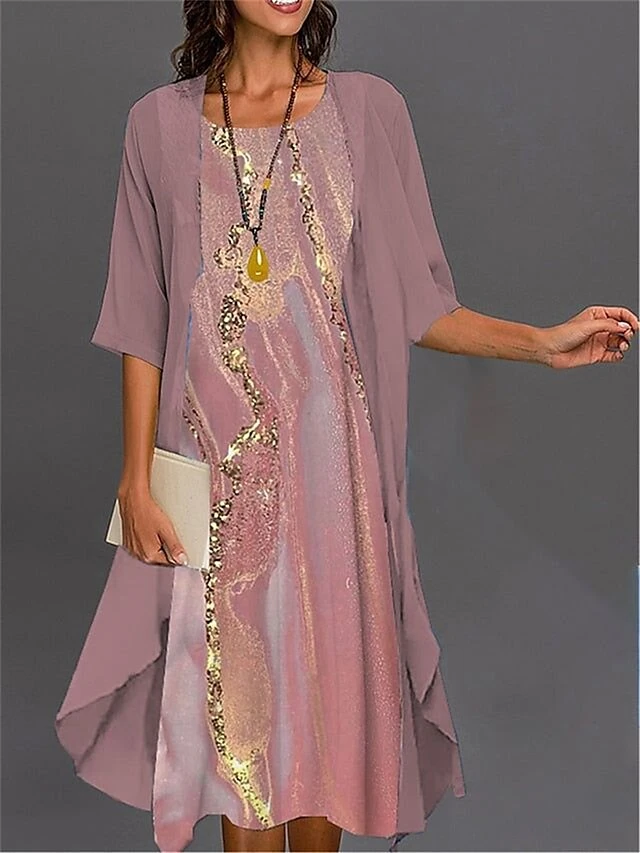 Women's Two Piece Dress Set Casual Dress Chiffon Dress Outdoor Daily Fashion Streetwear Print Midi Dress Crew Neck Half Sleeve Floral Ombre Regular Fit Pink Blue Purple Fall Winter S M L XL XXL 1 Women's Two Piece Dress Set Casual Dress Chiffon Dress Outdoor Daily Fashion Streetwear Print Midi Dress Crew Neck Half Sleeve Floral Ombre Regular Fit Pink Blue Purple Fall Winter S M L XL XXL