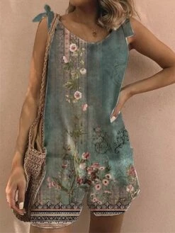 Women's Romper Print Floral Crew Neck Casual Going Out Weekend Loose Fit Strap Green S M L Spring