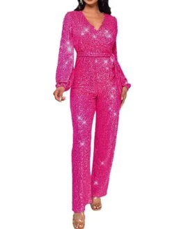 Women's Jumpsuit Lace Up Patchwork Solid Color V Neck Streetwear Party Street Regular Fit Long Sleeve Claret Champagne Gold Silver White S M L Fall -Cheap Plus Fit Dress Store avelfe1697766343877