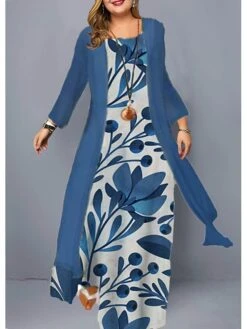 Women‘s Plus Size Curve Two Piece Dress Floral Crew Neck Print Long Sleeve Winter Fall Casual Maxi Long Dress Casual Daily Dress