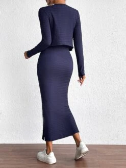 Women's Two Piece Dress Set Skirt Set Chiffon Dress School Halloween Punk Work Lace Up Patchwork Midi Dress Halter Neck Long Sleeve Geometric Color Block Slim Navy Blue Fall Winter S M L XL -Cheap Plus Fit Dress Store avqqfg1697525053157