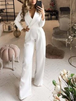 Women's Jumpsuit For Special Occasions Pocket High Waist Solid Color V Neck Streetwear Office Work Regular Fit Long Sleeve Black White Wine S M L Summer -Cheap Plus Fit Dress Store awfeov1680576941540