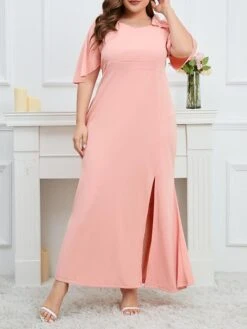 Women's Plus Size Party Dress Wedding Guest Dress Formal Dress Long Dress Maxi Dress Pink Half Sleeve Pure Color Ruffle Spring Fall Winter V Neck Fashion Birthday Evening Party Wedding Guest 2023 L -Cheap Plus Fit Dress Store awyhep1693535296947
