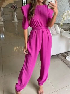 Women's Jumpsuit High Waist Solid Color Square Neck Holiday Street Daily Loose Fit Half Sleeve Yellow Purple Green S M L Summer