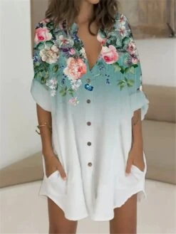 Women's T Shirt Dress Casual Dress Shift Dress Mini Dress Outdoor Daily Vacation Polyester Fashion Casual Stand Collar Button Pocket Long Sleeve Summer Spring Fall 2023 Regular Fit White Blue Green