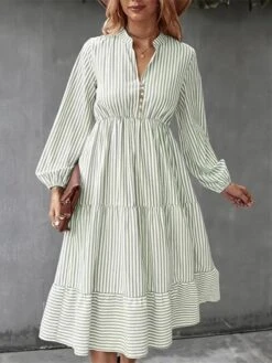 Women's Casual Dress Cotton Linen Dress Swing Dress Midi Dress Polyester Fashion Modern Outdoor Daily Vacation Split Neck Ruffle Button Long Sleeve Fall Winter Autumn 2023 Regular Fit Light Green -Cheap Plus Fit Dress Store axqazm1691462580901