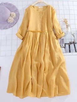 Women's Casual Dress Cotton Linen Dress Midi Dress Linen / Cotton Blend Basic Classic Outdoor Daily Vacation Crew Neck Ruched 3/4 Length Sleeve Fall Autumn 2023 Loose Fit Yellow Blue Plain M L XL 2XL -Cheap Plus Fit Dress Store axxoou1693226284420