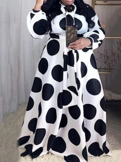 Women's Plus Size Work Dress Swing Dress Black Dress Fashion Long Dress Maxi Dress Lace Up Print High Neck Long Sleeve Polka Dot Loose Fit Black Spring Fall L XL XXL 3XL 4XL