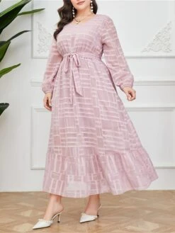 Women's Plus Size Prom Dress Party Dress Wedding Guest Dress Long Dress Maxi Dress Pink Long Sleeve Pure Color Lace Up Fall Winter Autumn Crew Neck Fashion Winter Dress Evening Party Wedding Guest -Cheap Plus Fit Dress Store azgdup1693535316167
