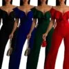 Women's Jumpsuit Ruffle High Waist Solid Color Off Shoulder Elegant Wedding Party Regular Fit Short Sleeve Black Red Blue S M L Fall
