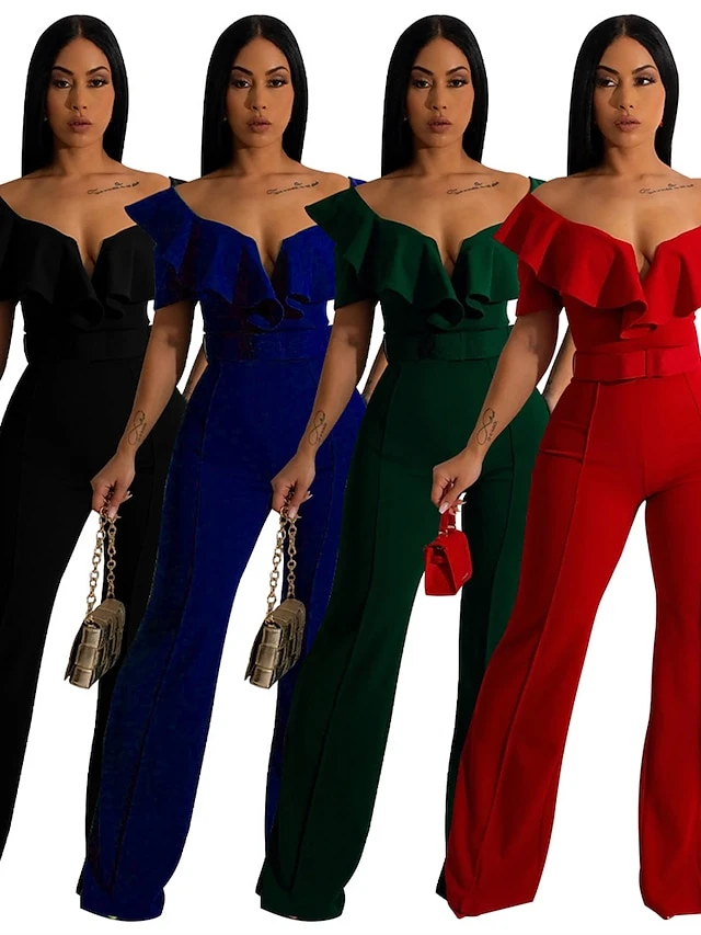 Women's Jumpsuit Ruffle High Waist Solid Color Off Shoulder Elegant Wedding Party Regular Fit Short Sleeve Black Red Blue S M L Fall 1 Women's Jumpsuit Ruffle High Waist Solid Color Off Shoulder Elegant Wedding Party Regular Fit Short Sleeve Black Red Blue S M L Fall