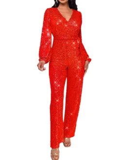 Women's Jumpsuit Lace Up Patchwork Solid Color V Neck Streetwear Party Street Regular Fit Long Sleeve Claret Champagne Gold Silver White S M L Fall -Cheap Plus Fit Dress Store azjepq1697766348231