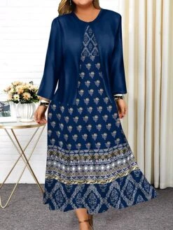 Women's Plus Size Curve Casual Dress Dress Set Vintage Dress Geometric Color Block Midi Dress Long Sleeve Print Crew Neck African Outdoor Wine Navy Blue Fall Winter L XL XXL 3XL 4XL
