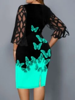 Women‘s Plus Size Curve Party Dress Butterfly Crew Neck Print 3/4 Length Sleeve Spring Fall Work Casual Sexy Prom Dress Midi Dress Daily Work Dress -Cheap Plus Fit Dress Store badipi1627617593153