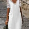 Women's Casual Dress Cotton Linen Dress Shift Dress Midi Dress Cotton Blend Modern Casual Daily Vacation V Neck Lace Hollow Out Short Sleeve Summer Spring 2023 Regular Fit White Pure Color S M L XL