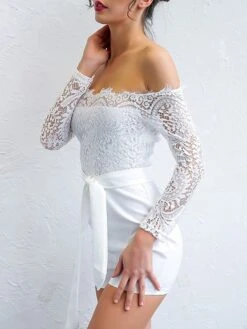 White Jumpsuit For Women Sexy Romper Lace Backless Solid Color Off Shoulder Elegant Party Street Regular Fit Long Sleeve S M L Summer -Cheap Plus Fit Dress Store bajnnf1677811861621