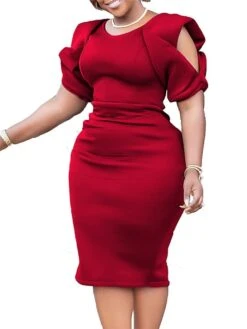 Women‘s Plus Size Curve Party Dress Solid Color V Neck Short Sleeve Spring Fall Work Formal Midi Dress Party Date Dress -Cheap Plus Fit Dress Store bakddw1661334432116