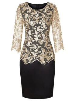 Women‘s Plus Size Curve Party Dress Floral Crew Neck Lace Long Sleeve Spring Fall Elegant Prom Dress Knee Length Dress Formal Party Dress -Cheap Plus Fit Dress Store basikq1634359512400