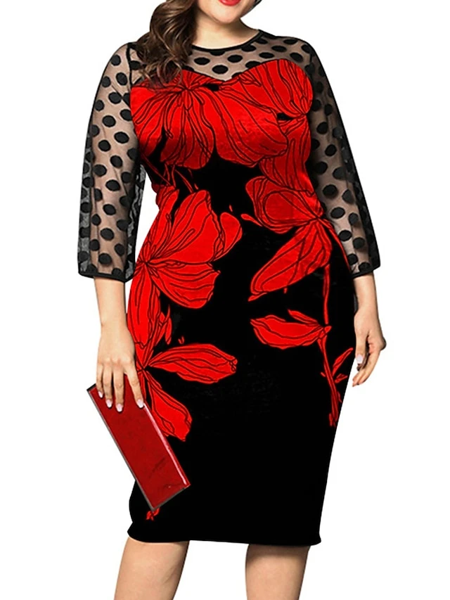 Women‘s Plus Size Curve Party Dress Cocktail Dress Sheath Dress Midi Dress Black Red Fuchsia 3/4 Length Sleeve Floral Mesh Summer Spring Fall Crew Neck Fashion Wedding Guest Vacation Fall Dress 2 Women‘s Plus Size Curve Party Dress Cocktail Dress Sheath Dress Midi Dress Black Red Fuchsia 3/4 Length Sleeve Floral Mesh Summer Spring Fall Crew Neck Fashion Wedding Guest Vacation Fall Dress - Image 2
