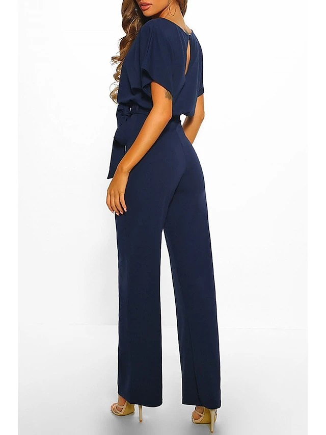 Women's Casual Daily Going Out Blue Black Pink Loose Jumpsuit Solid Color Wide Leg Belted 3 Women's Casual Daily Going Out Blue Black Pink Loose Jumpsuit Solid Color Wide Leg Belted - Image 3