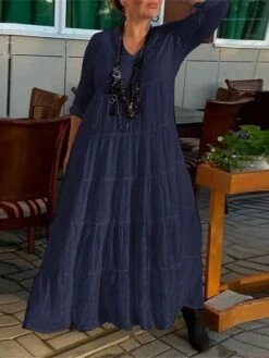 Women's Casual Dress Cotton Dress Maxi Long Dress Cotton Basic Classic Outdoor Daily Vacation V Neck Ruched Long Sleeve Spring Fall Winter 2023 Loose Fit White Blue Brown Plain S M L XL 2XL -Cheap Plus Fit Dress Store baxhpq1692695636685