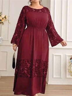 Women's Plus Size Prom Dress Party Dress Wedding Guest Dress Long Dress Maxi Dress Wine Long Sleeve Pure Color Ruched Fall Winter Autumn Crew Neck Fashion Winter Dress Wedding Guest Evening Party -Cheap Plus Fit Dress Store bbhnyq1693207119858