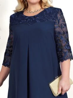 Women's Plus Size Curve Party Dress Lace Dress Cocktail Dress Midi Dress Pink Dark Blue Light Blue 3/4 Length Sleeve Floral Lace Spring Fall Winter Crew Neck Fashion Birthday Wedding Guest -Cheap Plus Fit Dress Store bbhtvw1691648002942