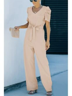 Women's Jumpsuit Lace Up Solid Color V Neck Streetwear Holiday Vacation Regular Fit Short Sleeve Black Wine Red S M L Spring -Cheap Plus Fit Dress Store bbipbe1675153743393