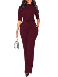 Women's Jumpsuit Solid Color Stand Collar Basic Office Street Regular Fit 3/4 Length Sleeve Wine Army Green Brown S M L Spring -Cheap Plus Fit Dress Store bbkuqp1640254122395