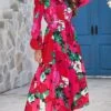 Women's Shirt Dress Casual Dress Midi Dress Outdoor Daily Vacation Polyester Fashion Modern Shirt Collar Button Split Long Sleeve Summer Spring Fall 2023 Loose Fit Red Floral S M L XL 2XL