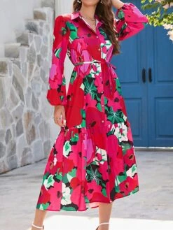 Women's Shirt Dress Casual Dress Midi Dress Outdoor Daily Vacation Polyester Fashion Modern Shirt Collar Button Split Long Sleeve Summer Spring Fall 2023 Loose Fit Red Floral S M L XL 2XL