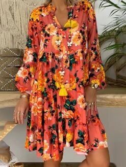 Women‘s Plus Size Curve Casual Dress Floral V Neck Print Long Sleeve Fall Spring Casual Short Mini Dress Daily Vacation Dress -Cheap Plus Fit Dress Store bbpaag1660643940533