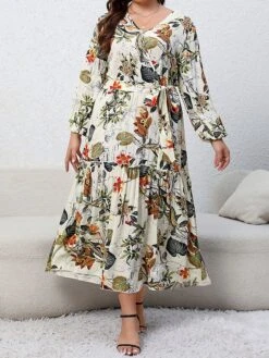 Women's Casual Dress Swing Dress Print Dress Leaf Floral Ruffle Print V Neck Long Dress Maxi Dress Fashion Streetwear Outdoor Daily Long Sleeve Regular Fit Blue Apricot Fall Winter XL XXL 3XL 4XL -Cheap Plus Fit Dress Store bbrgks1697539481679