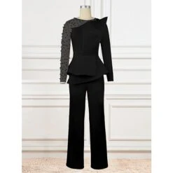Women's Jumpsuit Solid Color One Shoulder Elegant Wedding Cocktail Party Christmas Regular Fit Long Sleeve Black White S M L Spring -Cheap Plus Fit Dress Store bdncvl1676873577544