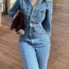 Women's Jumpsuit Button Pocket Solid Color Shirt Collar Streetwear Street Daily Regular Fit Long Sleeve Blue XS S M Fall