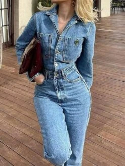 Women's Jumpsuit Button Pocket Solid Color Shirt Collar Streetwear Street Daily Regular Fit Long Sleeve Blue XS S M Fall