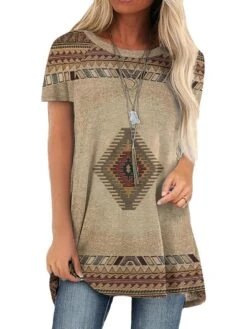 Women's T Shirt Tee Maroon Red Navy Blue Graphic Plaid Tribal Patchwork Print Short Sleeve Home Casual Daily Vintage Ethnic Round Neck Regular Fit Geometric