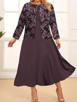 Women‘s Plus Size Curve Two Piece Dress Set Casual Dress Swing Dress Outdoor Office Fashion Streetwear Print Midi Dress Crew Neck Long Sleeve Floral Regular Fit Navy Blue Royal Blue Purple Spring Fall