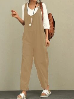 Women's Jumpsuit Pocket Maillard Solid Color Deep U Streetwear Street Daily Straight Loose Fit Sleeveless Brown Green Khaki S M L Fall -Cheap Plus Fit Dress Store beapgj1692670511952