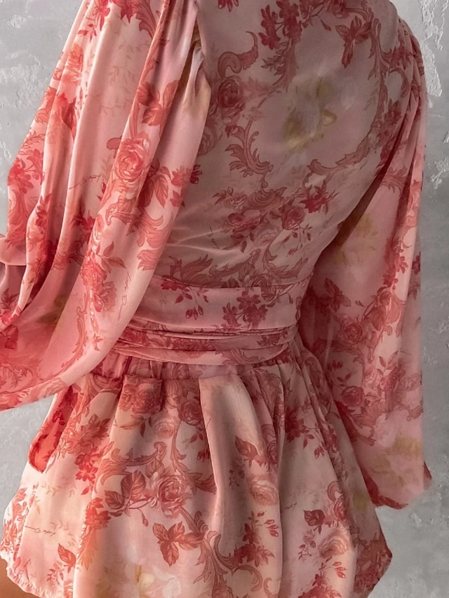 Women's Romper Print Floral V Neck Casual Street Daily Regular Fit Long Sleeve Green Blue Pink S M L Fall 3 Women's Romper Print Floral V Neck Casual Street Daily Regular Fit Long Sleeve Green Blue Pink S M L Fall - Image 3