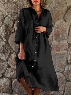 Women's Casual Dress Cotton Linen Dress Swing Dress Midi Dress Cotton Blend Basic Classic Outdoor Daily Vacation Stand Collar Button Pocket 3/4 Length Sleeve Summer Spring Autumn 2023 Loose Fit Black -Cheap Plus Fit Dress Store beevwp1682650910973