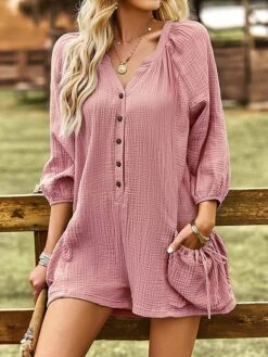 Women's Romper Button Pocket Solid Color V Neck Ordinary Daily Vacation Regular Fit Long Sleeve Pink Navy Blue Green S M L Summer 32 Women's Romper Button Pocket Solid Color V Neck Ordinary Daily Vacation Regular Fit Long Sleeve Pink Navy Blue Green S M L Summer -Cheap Plus Fit Dress Store benrqq1680074108387