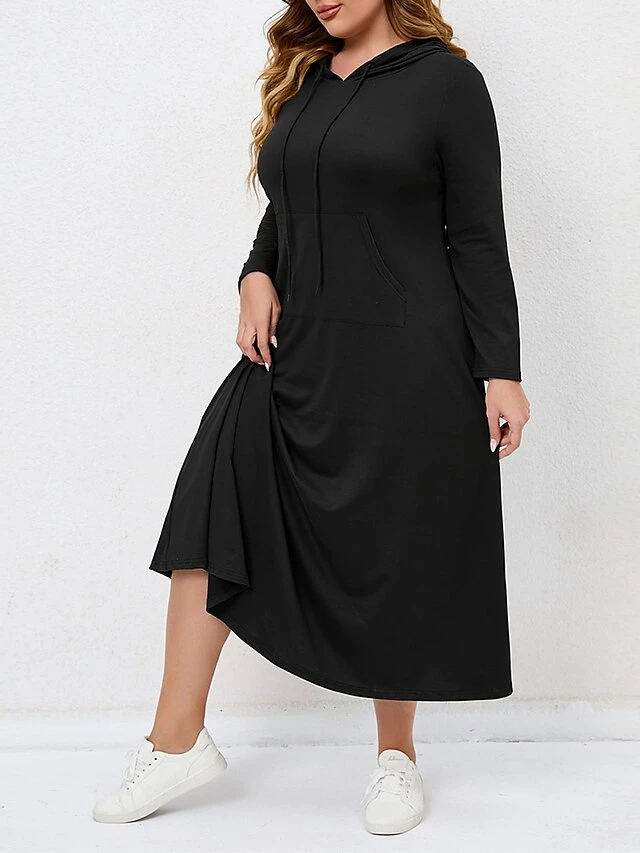 Women's Plus Size Curve Casual Dress Hoodie Dress Black Dress Solid Color Long Dress Maxi Dress Long Sleeve Hooded Fashion Outdoor Black Fall Winter L XL XXL 3XL 4XL 4 Women's Plus Size Curve Casual Dress Hoodie Dress Black Dress Solid Color Long Dress Maxi Dress Long Sleeve Hooded Fashion Outdoor Black Fall Winter L XL XXL 3XL 4XL - Image 4