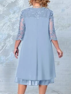 Women's Plus Size Curve Party Dress Lace Dress Cocktail Dress Midi Dress Pink Dark Blue Light Blue 3/4 Length Sleeve Floral Lace Spring Fall Winter Crew Neck Fashion Birthday Wedding Guest -Cheap Plus Fit Dress Store bevxkh1691648006298