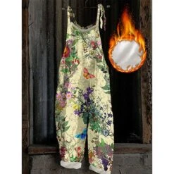 Upgraded Fabrics For Hot Products！！Women's Jumpsuit Cold Weather Maillard Print Floral Crew Neck Holiday Party Going Out Straight Loose Fit Strap Yellow S M L