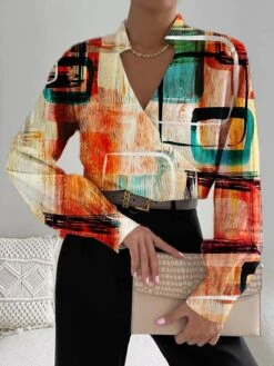 Women's Shirt Blouse Red Blue Brown Graphic Geometric Print Long Sleeve Casual Daily Basic V Neck Regular Fit Geometric Fall & Winter -Cheap Plus Fit Dress Store bfibxr1690456663041