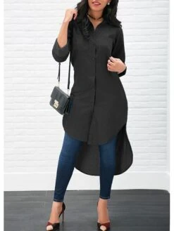 Women's Shirt Blouse Black Blue Plain Button Pocket Long Sleeve Casual Basic Shirt Collar Regular Fit Spring &Fall